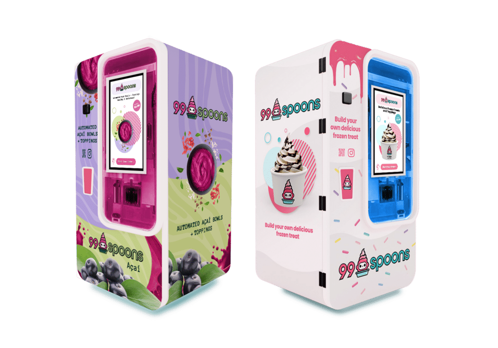 Two colorful versions of the 99spoons frozen yogurt vending machine, featuring touchscreen interfaces and cheery graphic designs, displayed on a green background.